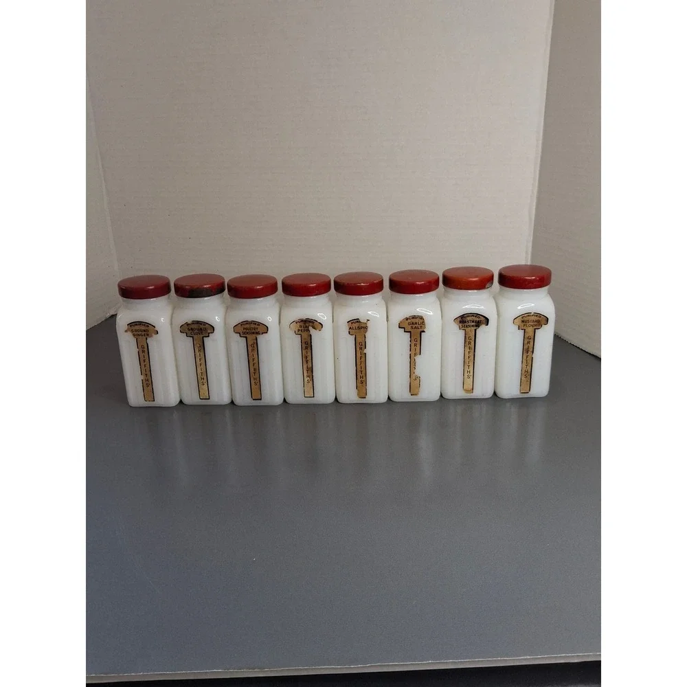 Vintage Griffiths Milk Glass Spice Jars Set of 8 Red Lids Art Deco Kitchen Decor